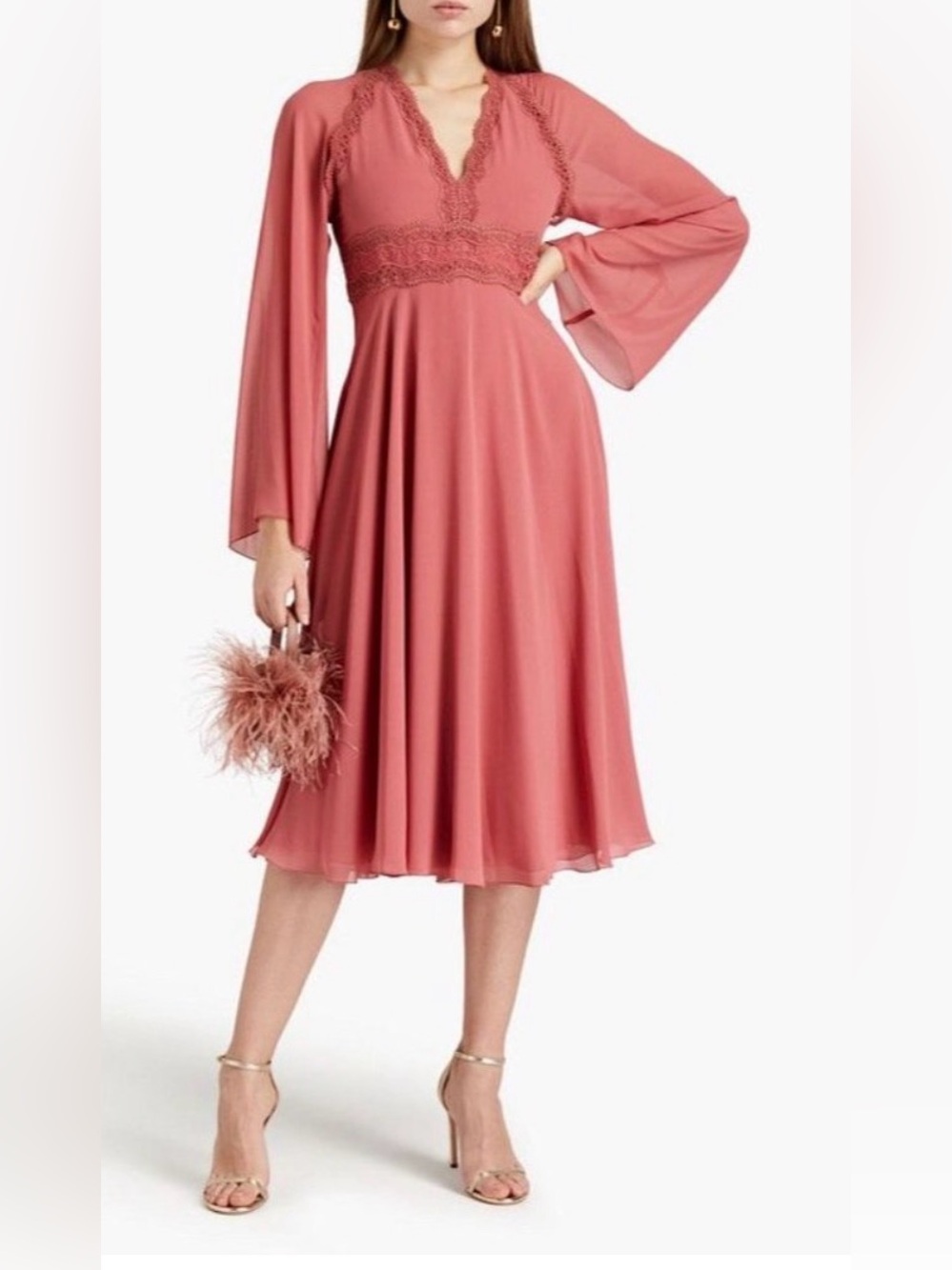 * Giamba Designer Lace Trim Long Sleeve Dress - Dusty Rose Chiffon SZ 44 = 8 *